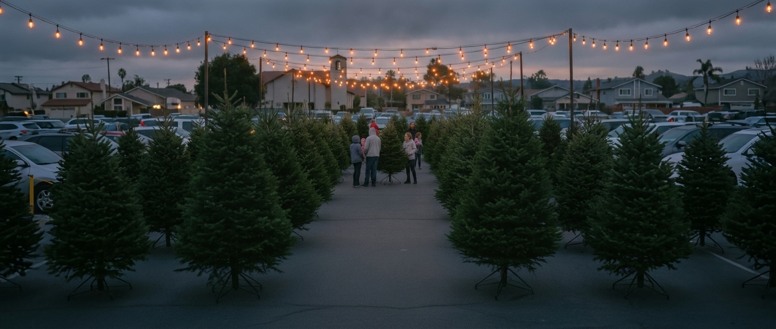 The lower lot at dusk, trees on stands under string lights