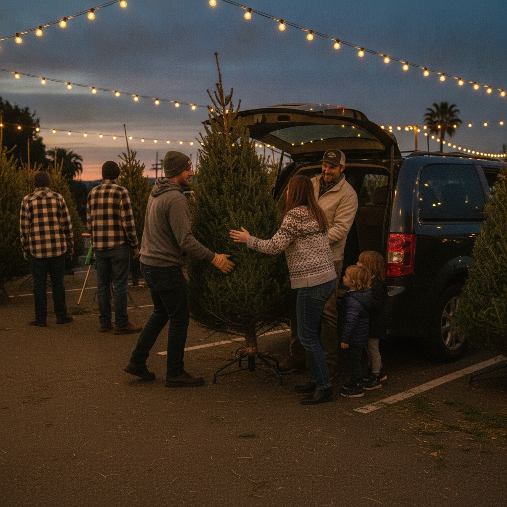 A family loading a tree with help from the lot